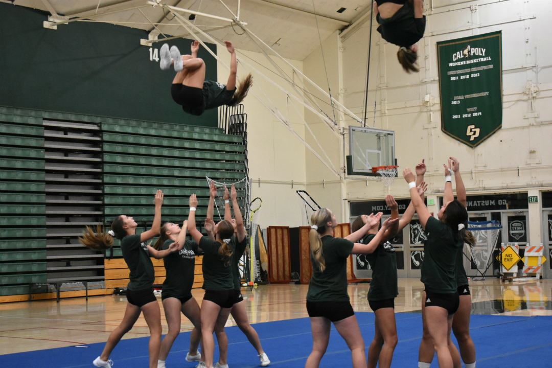 “The best part about stunting is working together with my teammates and finally hitting a skill we've been trying to get!“ -Liberal studies senior Leah Brill (bottom far left) (Mott Gym- 10/15/19).