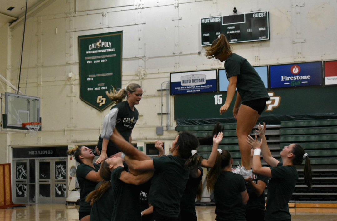 Edith Cui landing from the high-splits stunt as her teammates catch her (Mott Gym- 10/15/19).
