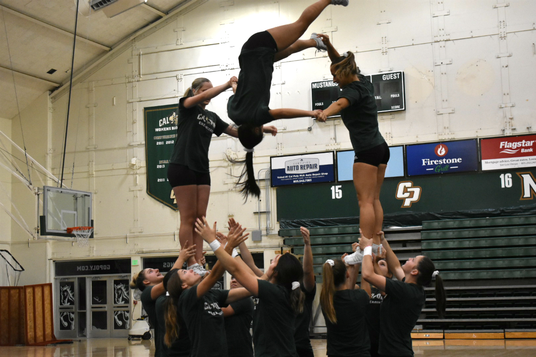 Edith Cui coming down from the high-splits stunt with a forward flip (Mott Gym-10/15/19).