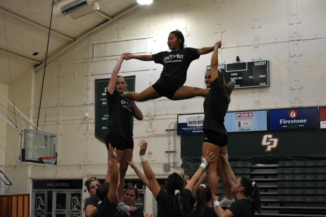 Edith Cui doing the splits at the top of the high-splits stunt (Mott Gym- 10/15/19).