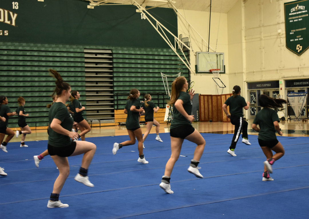 The team jogging with ankle weights on as part of their warm-up (Mott Gym- 10/15/19)